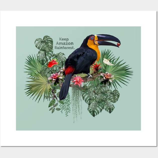 Polygonal art of Ariel toucan bird with Amazon leafs. Wall Art by Lewzy Design